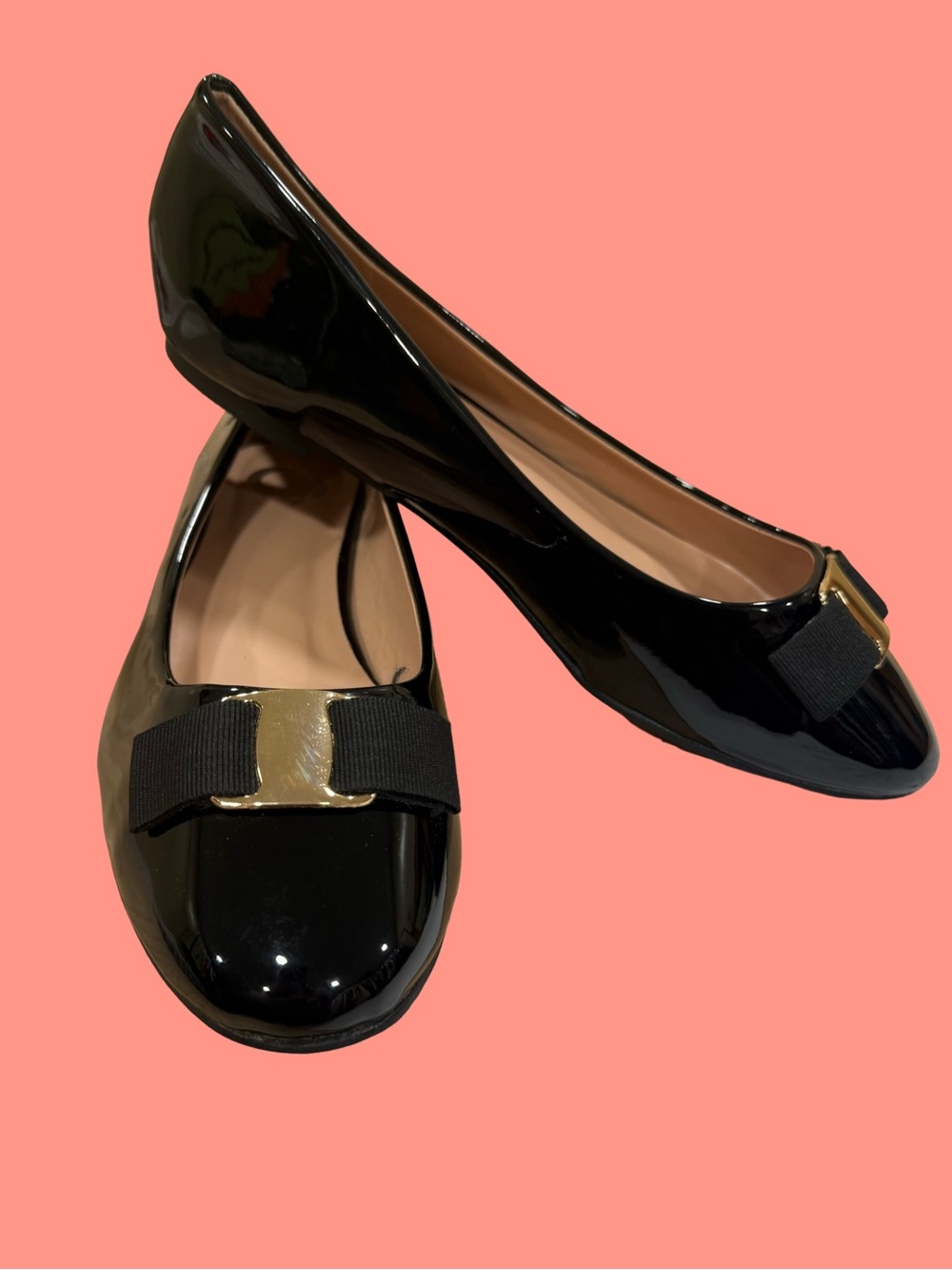 Journee Collection Black Patent Ballet Flats with Bow and Gold Trim
